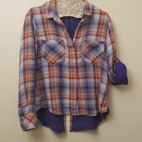 Anthropologie Cloth & Stone Plaid Split Back Long Sleeve Button Down Top Medium - Picture 3 of 11